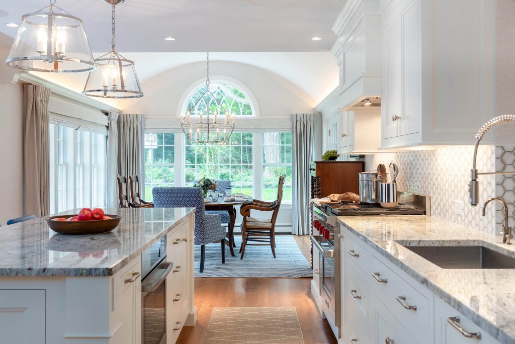 Crisp Casual Interior Design Project - view from kitchen to dining - by Gale Michaud Interiors