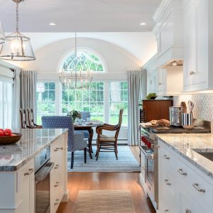 Crisp Casual Interior Design Project - view from kitchen to dining - by Gale Michaud Interiors