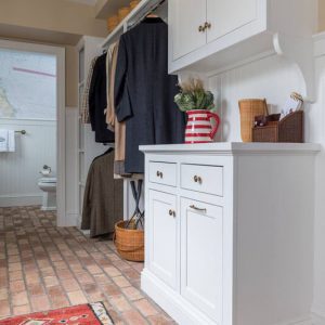 mudroom and half bath interior design by Gale Michaud Interiors
